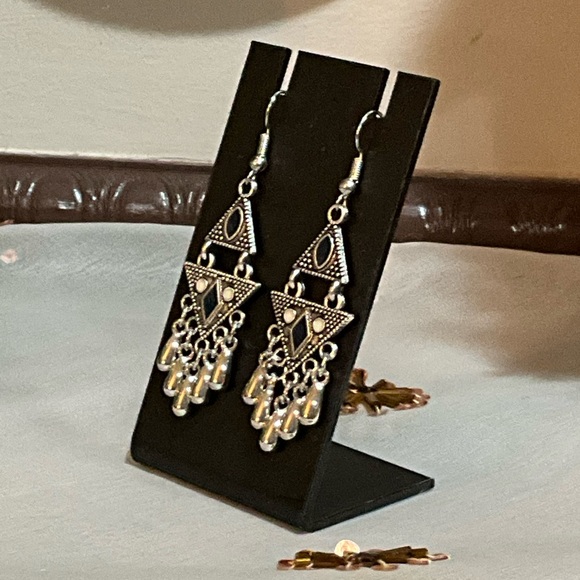 Silver Geometric Dangle Earrings - Picture 5 of 7